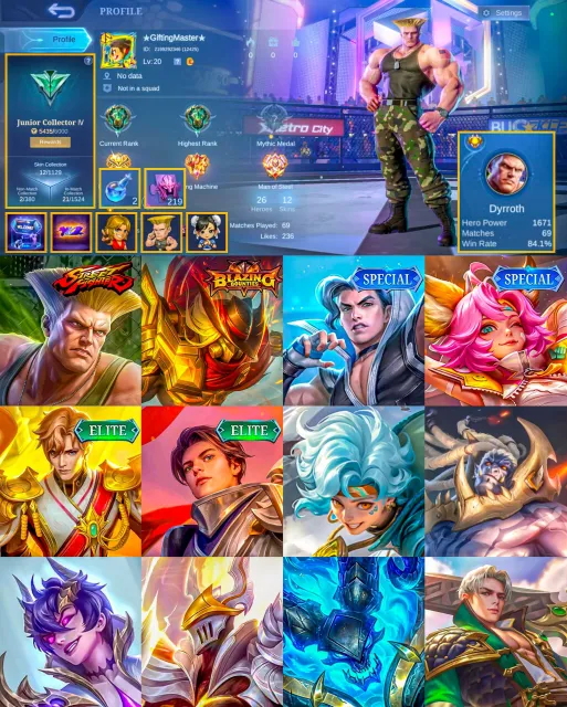 Street Fighter Dyrroth, Special Region, Twink Account, High WR, Free Name and Flag Change 🔥, Sale, Rank: Epic, Level: 20, Winrate: 84%, Heroes: 26, Skins: 12
