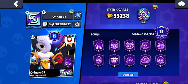 donation account, 33238 trophies, 104 brawlers, 15 primes