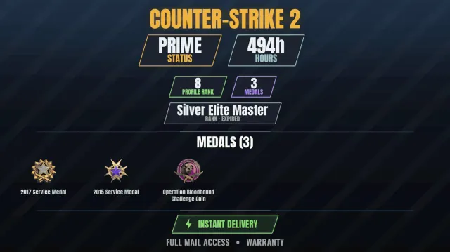 CS2 Prime🏆494h🎮3 medals Medal for Service 2015, Medal for Service 2017, Operation Bloodhound, Sale, With inventory, Has PRIME