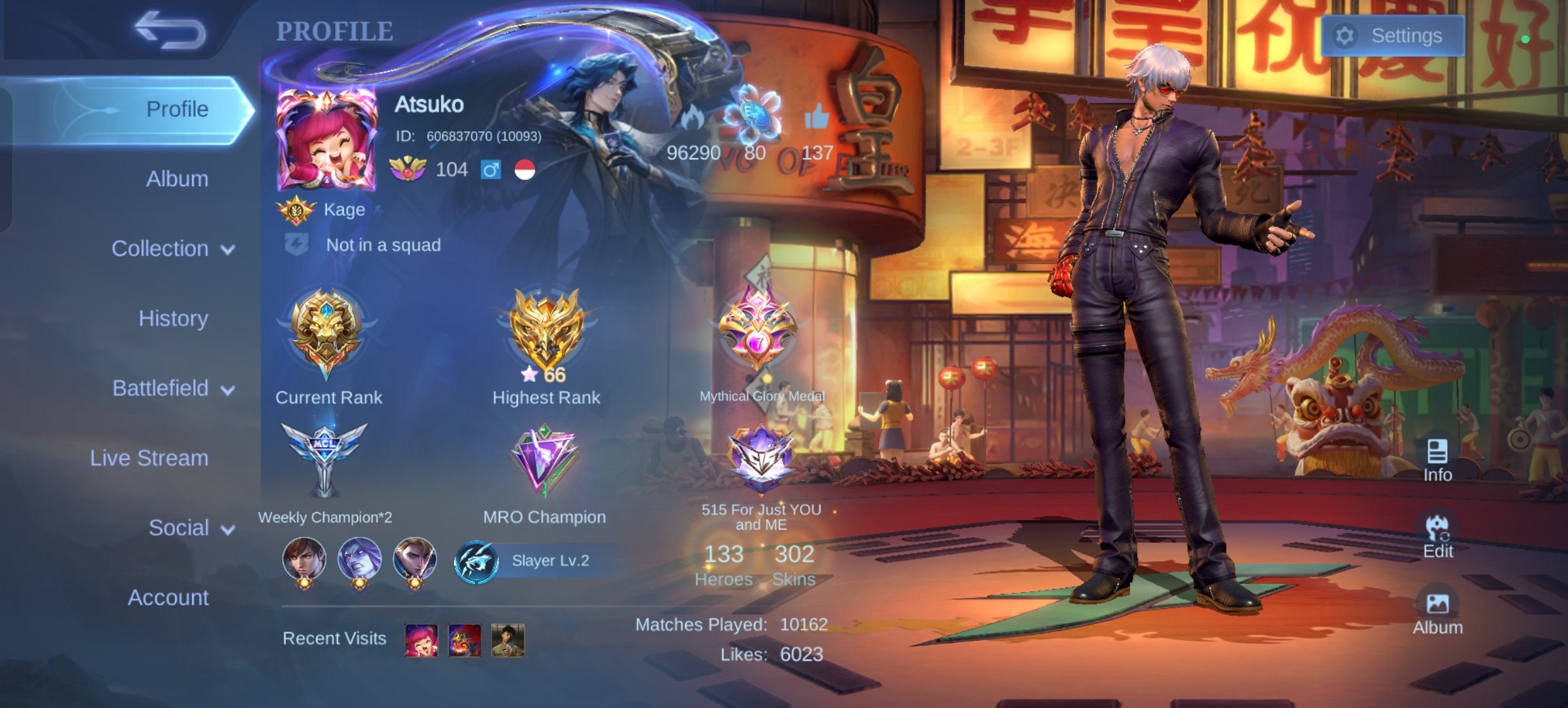 KOF Gusion Aurora Karina, Prime Granger, Good WR, Gold Star Lesley, 106 Core, Global 🔥, Sale, Rank: Mythic, Level: 134, Winrate: 53%, Heroes: 133, Skins: 302