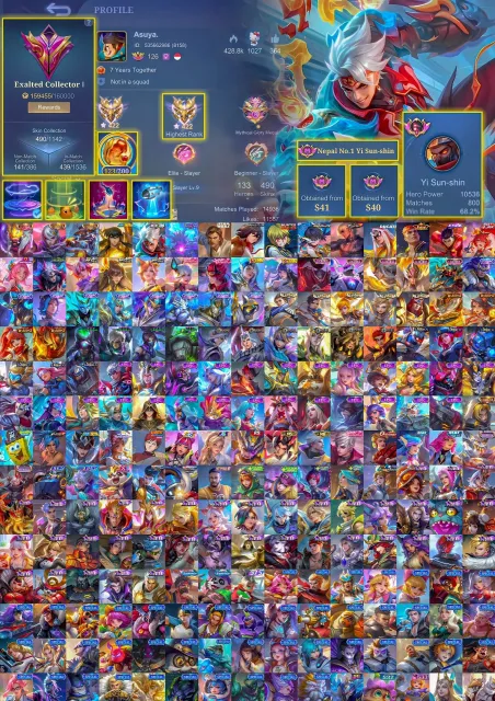 🔥 422 in prime, Legendary Franco, Collector LSS Benya, Star Wars, Coffee, AOT, Aspirant, Hunter, Ducati, Sale, Rank: Mythical Immortal, Level: 126, Win rate: 50%, Heroes: 133, Skins: 490