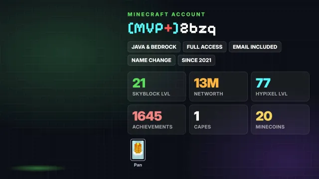 👑 [MVP+] 🌱 SkyBlock 21 level 💰 13M Networth 🦸 Cloak: Pan ✅ Java & Bedrock & full access, Sale, All account data