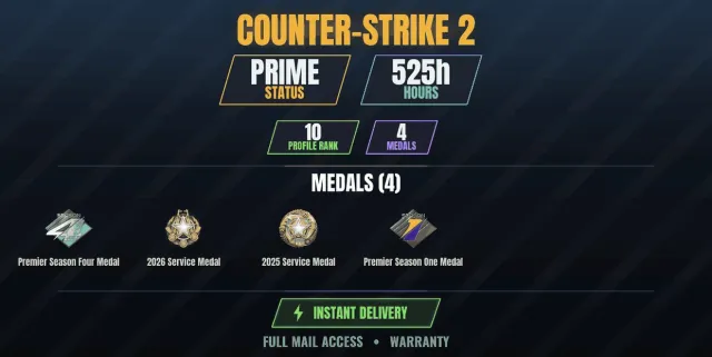 【CS2 Prime💎525h🎯4 medals】 Service Medal 2025, Service Medal 2026, Premier Medal, season, Sale, Inventory empty, Has PRIME