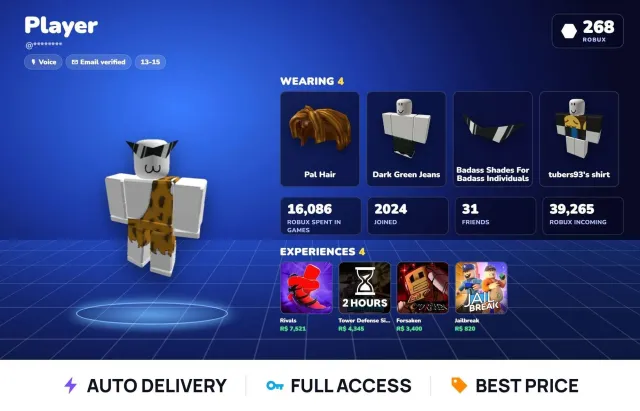 🧱 потрачено 16 086 R$ 🧱 268 Robux 🧱 с 2024 🧱 голосовой чат 🧱 возраст 13-15 🧱 Rivals, Продажа, Voice chat: Есть
