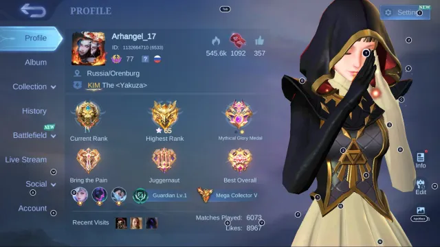 #MG219 LEGEND Franco; Nexus Thamuz; 11.11 Wanwan; Aspirants Angela, Fanny; Vessel Hanabi, Sale, Rank: Legend, Level: 77, Winrate: 49%, Heroes: 133, Skins: 474