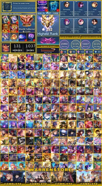 World Collector 730k+ Points, 1038 Skins, Immortal 292 Star Highest, 14 Legend, 89 Grand, Продажа, Ранг: Мифический Бессмертный, Уровень: 150, Процент побед: 59%, Герои: 131, Облики: 1037