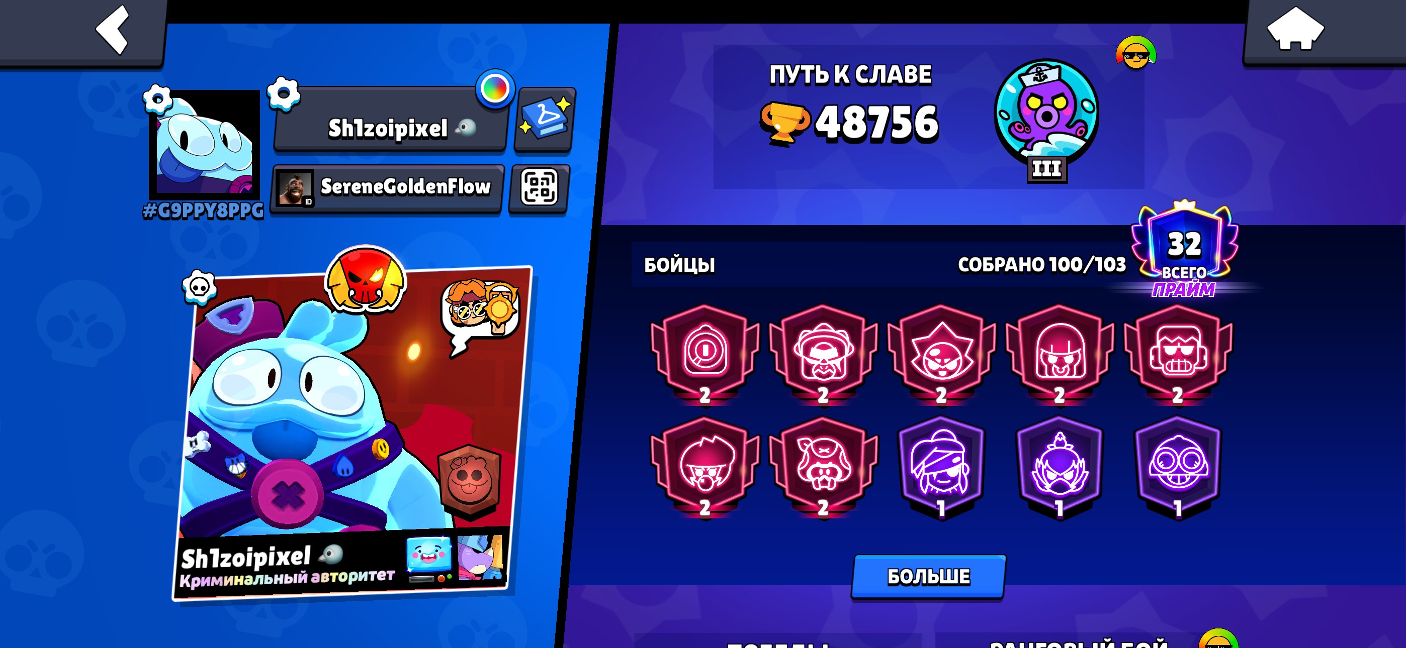 Brawl account pvcoccocoofogg, trophies 48756, brawlers 100, primes 32