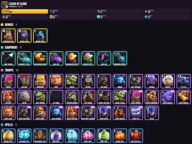 9 TH 💎 1400+ trophies 🎯 6 BH 💎 62 hero levels 💎 91 troop levels, 9 TH Native Village