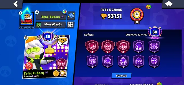 53k trophies 107 fighters, many skins, 53151 trophies, 107 brawlers, 38 primes