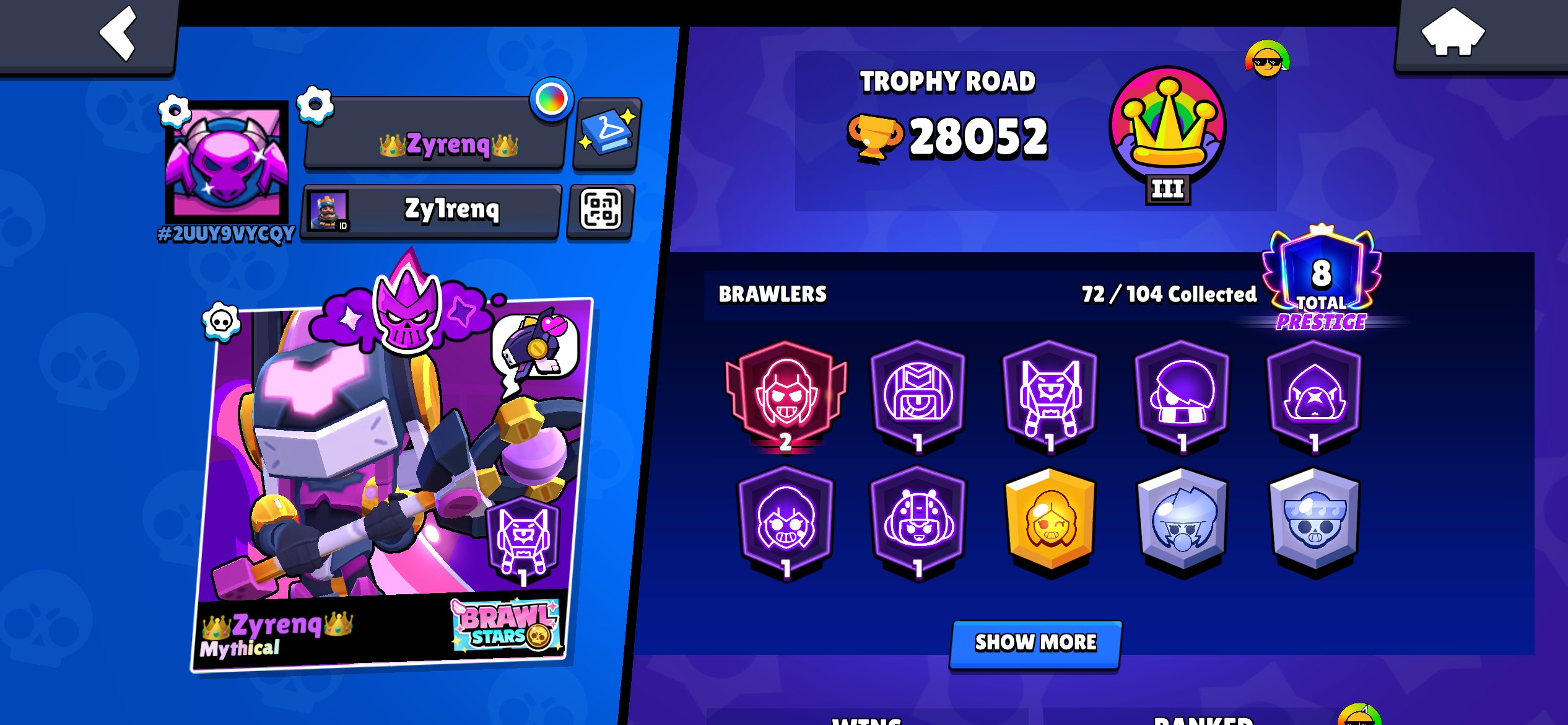 Account | Brawl Stars, trophies 28052, brawlers 72, primes 8