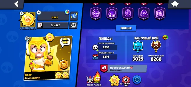 Account from 2019, has rare skins. Good progression, as well as master., 82424 trophies, 107 brawlers, 53 primes