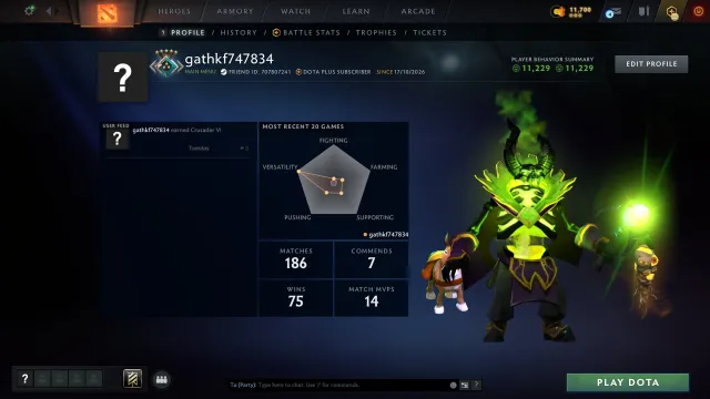 ✅【CHEVALIER | 2099 MMR 】✅ ®️ DÉCOUVERTES 78 lvl ®️ 🎯 RANK OUVERT 🏆 100/100 ch ⏱️DOTA PLUS jusqu'au 09.11.26, Vente, 2099 MMR, 11229 intégrité, 11229 courtoisie, 186 matchs, 143 heures