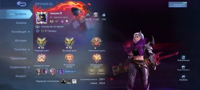 Selling personal mlbb account full access, Rank: Mythical, Level: 47, Win rate: 50%, Heroes: 102, Skins: 262