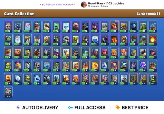 (Android/iOS) ⭐ CR King 11 ⭐ Valkyrie ⭐ + BS 1,102 trophies ⭐ Full access, Arena 13, Level 11, 4,380 trophies, 81 cards, No