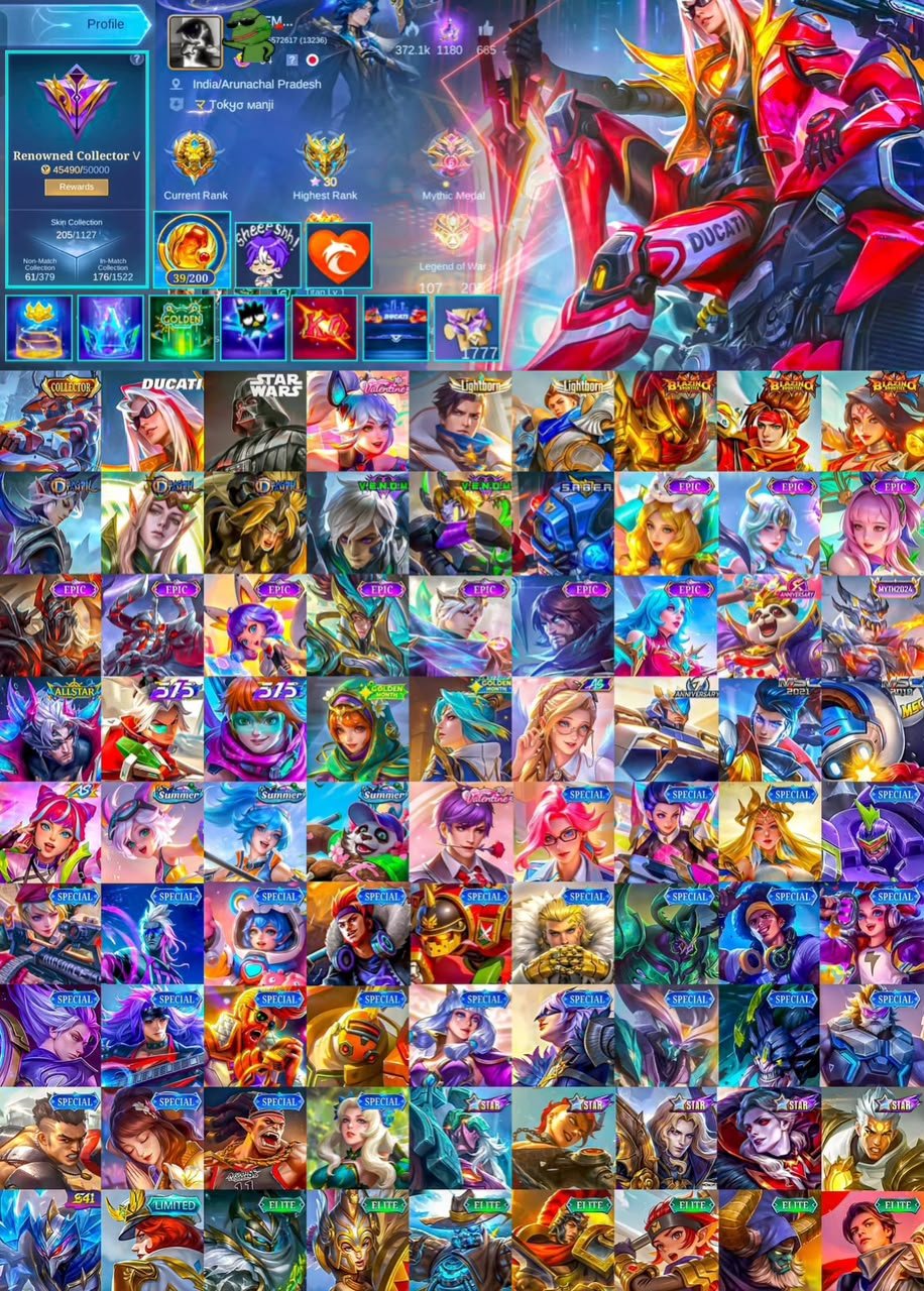 ⭐ Argus Star Wars 🏍️ Leomord Ducati 🏹 Yi Sun-shin Collector 💘 Fanny Valentine  2x Lightborn Skins, Sale, Rank: Mythical Immortal, Level: 64, Winrate: 55%, Heroes: 107, Skins: 205
