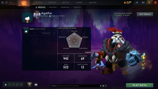 🎮 Ancient 🎯 Mainpool 🏆 34 Trophy 🕹️ Matches: 973 🎫 Tokens: 4 🎁 Arcana Techies, Sale, 4498 MMR, 8592 Behavior score, 8592 вежливости, 973 games, 2345 hours