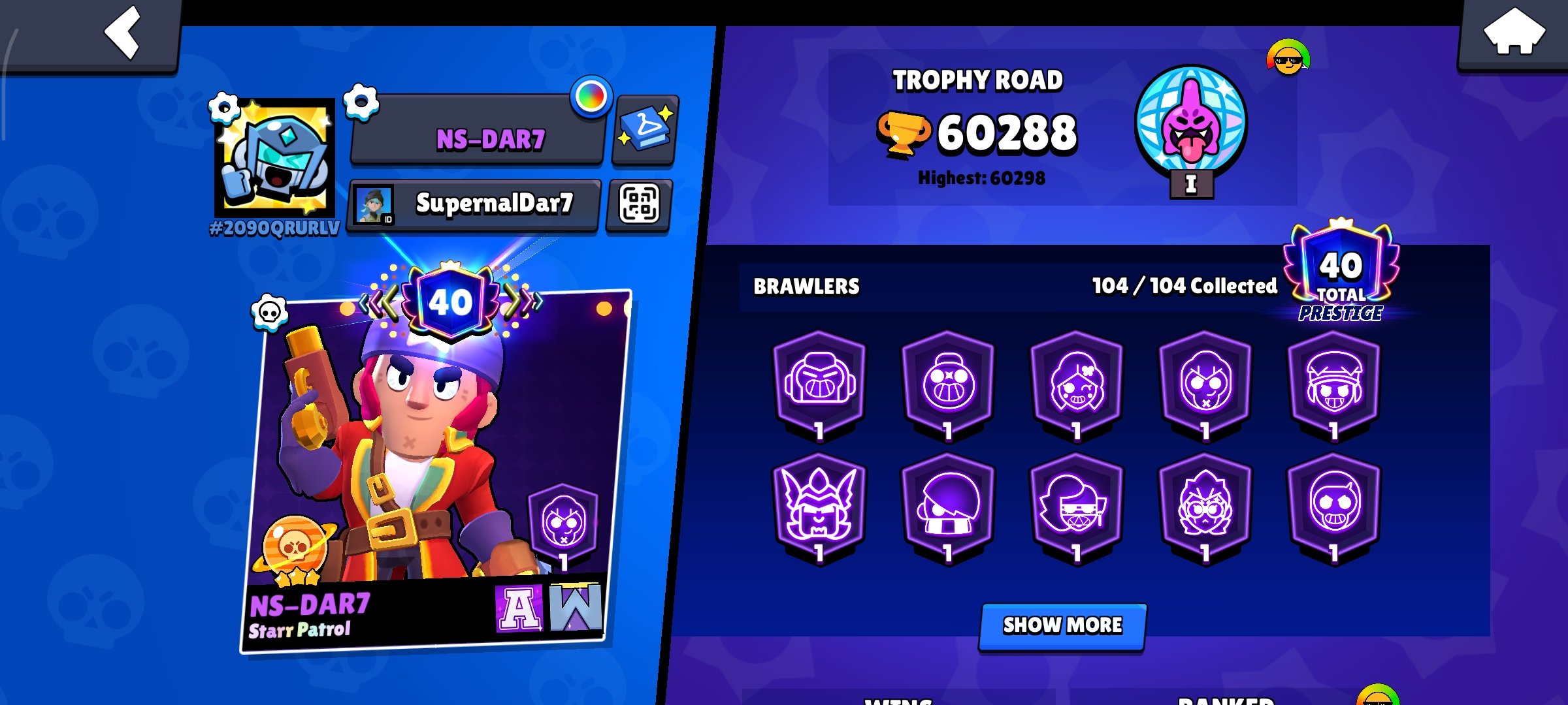 104 Brawlers-50 Hypercharged-60200, 60000 кубков, 104 бравлеров, 40 праймов