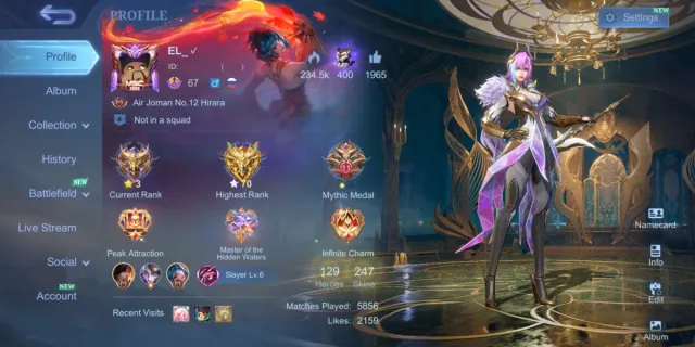 ⚜️ LUCKYBOX KARINA 🌟 ANNUAL STAR HAYABUSA & LESLEY ⚔️ COVENANT BENEDETTA 💠 25 EPIC SKIN, Продажа, Ранг: Мифический, Уровень: 67, Процент побед: 51%, Герои: 129, Облики: 247