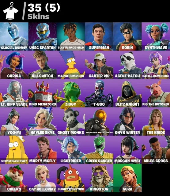 [PC/XBOX/PSN] 35 Skin | Superman | Robin | WRLD | UNSC Spartan | Simpson | 46 Emote | 85 Kazma, Satış, skinler 35