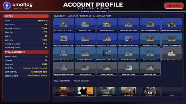 ⚡ 【DOTA 2】 💎 RECRUIT 1 · 133 MMR | 7149 BEHAVIOR 💎 FULL ACCESS #3SG6A1, Sale, 133 MMR, 7149 behavior, 7149 politeness, 177 matches, 144 hours