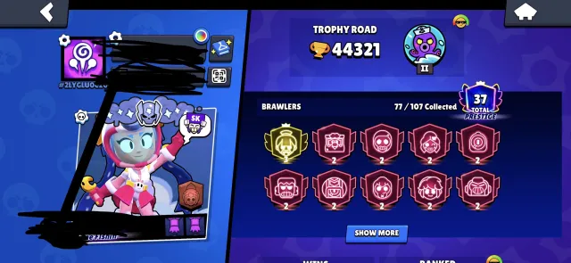 ⚡️ Great account for main/twink, trio wins, only 39 in showdown⚡️⚡️, 44300 trophies, 77 brawlers, 37 primes