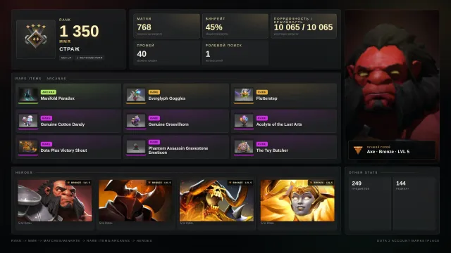 ✨Wächter 4 ≈ 1350 MMR✅10065 Ordnung✅✨Sammlerstücke✨Phantom Assassin Arkanum✨Invoker, Pudge Persönlichkeiten✨⚔️40 Trophäen⚔️, Verkauf, 1350 MMR, 10065 Ordnung, 10065 Höflichkeit, 768 Spiele, 748 Stunden