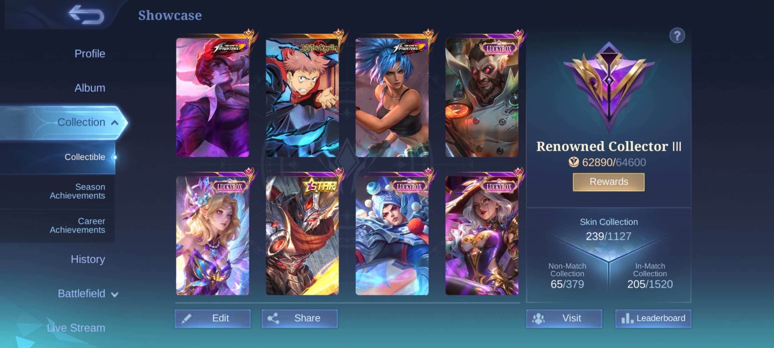🥊 Chou KOF ⚡ Yin Yuji Itadori 🌟 Hayabusa Golden Star 🤖 Roger Lucky Box 🐉, Sale, Rank: Mythic, Level: 82, Winrate: 60%, Heroes: 130, Skins: 239