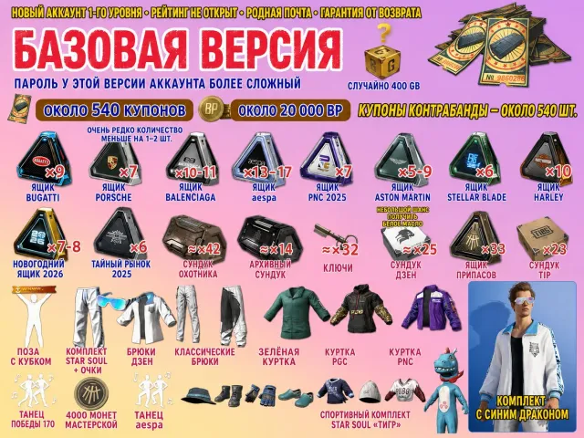 🎫540 КУПОНОВ 📦235 + СУНДУКОВ 💰20 000ВР 🔑32 КЛЮЧЕЙ 👕СКИНЫ 🪙 400 G-COIN, Нет BATTLEGROUNDS Plus