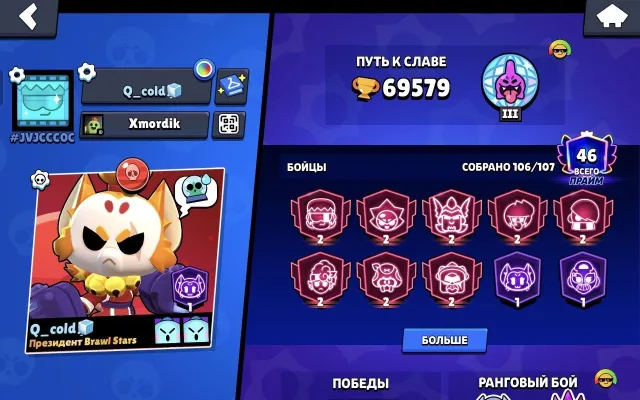 Account with high level and a lot of skins, 70000 trophies, 106 brawlers, 46 primes