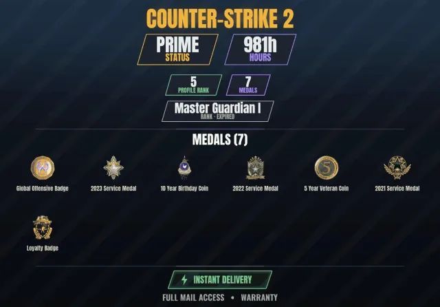 【CS2 Prime🎯981ч👑7 медалей】【RUST】 Ювілейна монета 10 років, Медаль за службу 2021, Медаль за службу, Продаж, Інвентар порожній, Є PRIME