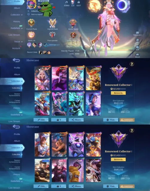 ✨ Lunox Legend ✨ Selena Zenith ✨ Chou KOF ✨ Roger Metro ✨ Wanwan M-World, Продажа, Ранг: Мифический Бессмертный, Уровень: 87, Процент побед: 70%, Герои: 133, Облики: 314
