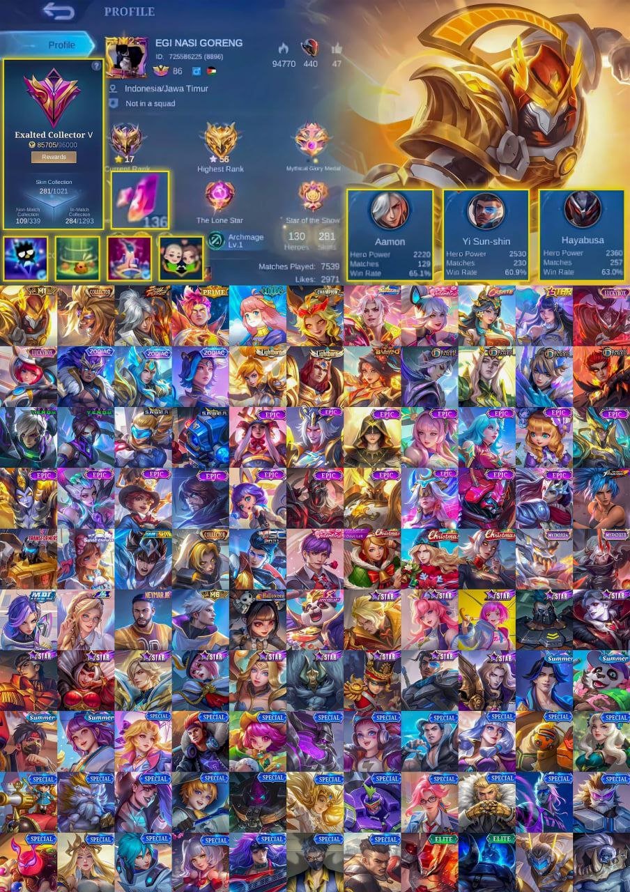 🖤 M1 Aldous🖤Soul Vessel Aamon, Collector Badang, ONIC Joy, Prime Claude, LuckyBox Hayabusa–Kimmy🖤