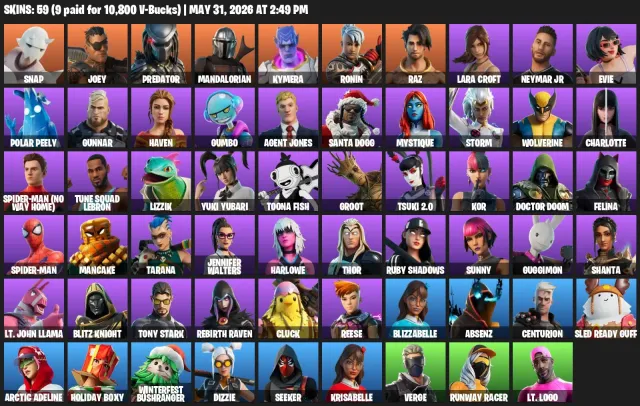 COMPTE TOP 59 Skins EXCLUSIF💎Snap💎Lara Croft💎Predator💎Mandalorian💎Polar Peely💎Neymar Jr💎Evie, Vente, skins 59