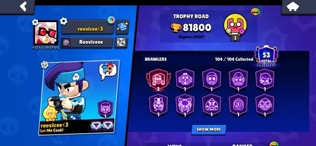 Full Access 🥰 53 Brawlers at Power 11 🏆 81,800 Trophies ✅ 104/104 Brawlers Unlocked 😳 398 Skins, trophies 81800, brawlers 104, primes 53