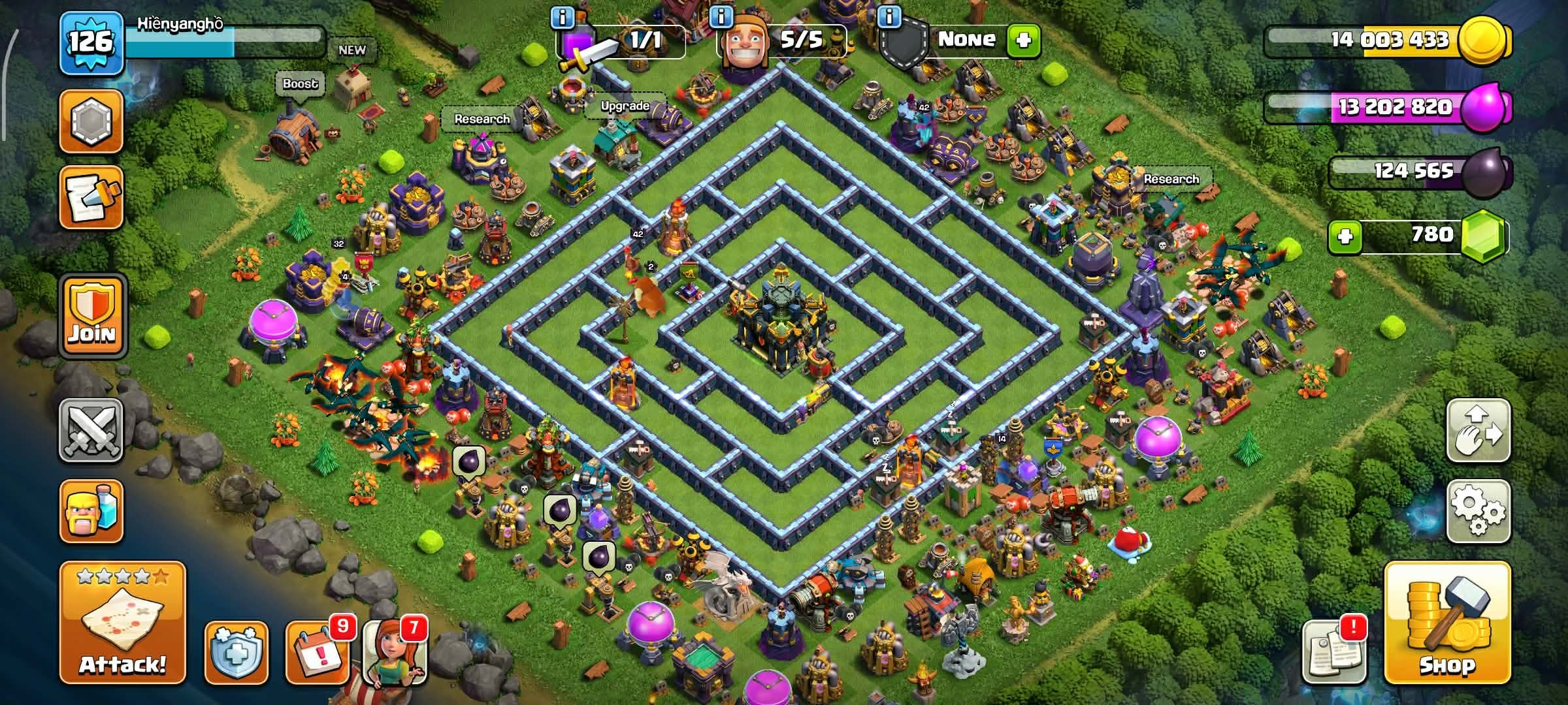TH 17 👑Dragon Statue⚡STRONG LEVEL WALL👑(BK33,AQ43,MN42,GW20,RC14)🔰780+ Gems🔰126 XP, 17 TH Main Village, 8 TH Builder