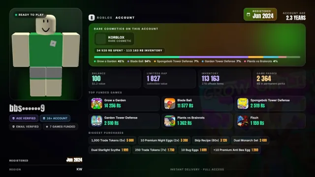 💎 Spent Robux: 35K 💀Korblox 📅 Reg. 2024 💀 Age 16+ ✅ 13+ Verified 🧱Grow a Garden 14K 🧱Blade, Sale, Voice chat: No