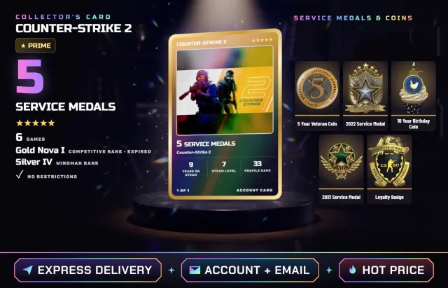 🎯 ✦ 5 MEDALS • CS2 PRIME • CS2 LVL. 33 • 6 GAMES ✦ 10 Year Birthday Coin, 2021 Service Medal, Sale, Inventory empty, Has PRIME
