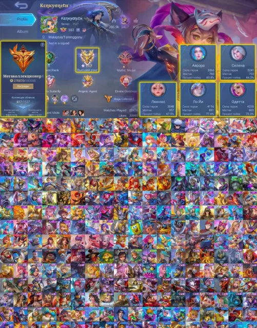 🔥279k Collection🔥Collector Kharit-Edith-Aurora, Aspi Vexana, JJK Xavier, StarWars Cyclops, Leg Valir-Luna🔥, Sale, Rank: Epic, Level: 213, Win Rate: 57%, Heroes: 133, Skins: 617