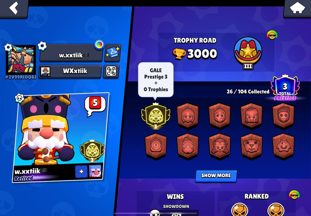 THIRD PRIME ON GALE💚THE REST IS A BONUS💛THE BEST START💚LOTS OF RESOURCES💛, trophies 3000, brawlers 26, primes 3