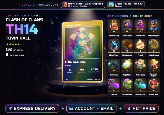👑 ANDROID • IOS ✧ COC TH14 • 288 WAR STARS ✧ BK 59, AQ 58, GW 25, RC 6, MP 43 ✧ + BS 3,967 TROPHIES, 14 TH Home Village