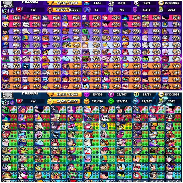 🎟️3 BP+☀️SUNSHINE I🛑28 MYTHIC SKINS💎LOTS OF RESOURCES🧽EL GUBKA🎭383 SKINS🏆83.1k⚔️25-11LVL👤107/107🦖2022, 83142 trophies, 107 brawlers, 55 primes