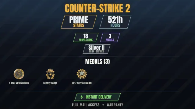 【CS2 Prime🎯521ч👑3 медалей】 Медаль за службу 2017, Значок верности, Монета ветерана 5 лет, Продажа, С инвентарем, Есть PRIME