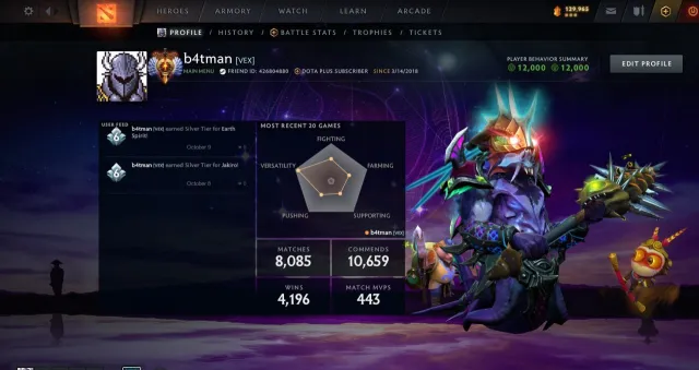 6500 mmr durchschnitt, 7800 spielzeit, 108 lvl dota 2, 12k verhalten, Verkauf, 6636 MMR, 12000 anständigkeit, 1 spiele, 7800 stunden