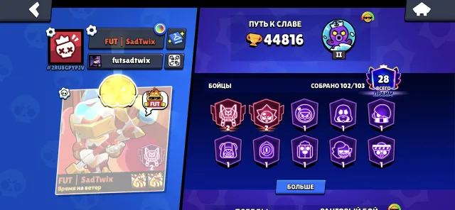 BRAWL CLICK TOP ACCOUNT MANY SKINS 29 PRIME 29-11 STR 15BUFFY DESCRIBED EVERYTHING BELOW, trophies 44800, brawlers 102, primes 29