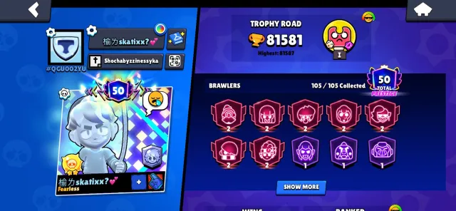 rrrrrrrrrrrrrskosapoansndnxjxjkxznndndnx, trophies 81581, brawlers 105, primes 50
