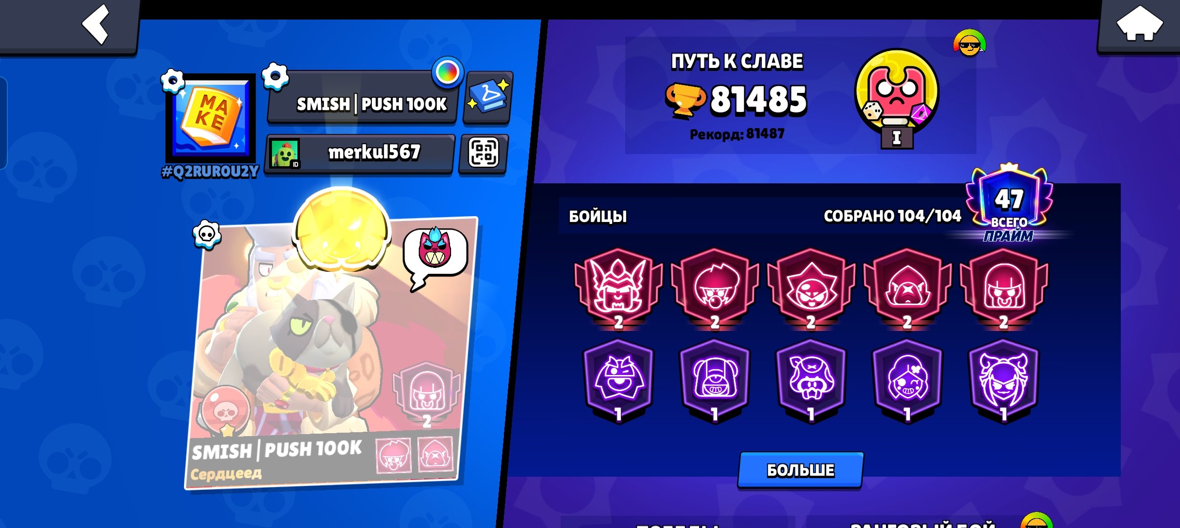 Bdbrhrhrhhdhdhhrhdhrhfhfhhtutt, trophies 81000, brawlers 104, primes 47