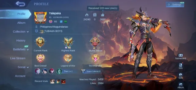 Collector natalia💥myth clint💥hylos💥epic zilong💥roger💥gusion💥gara vale💥lunox💥dyrroth💥emblem max, Продажа, Ранг: Легенда, Уровень: 66, Процент побед: 53%, Герои: 102, Облики: 172