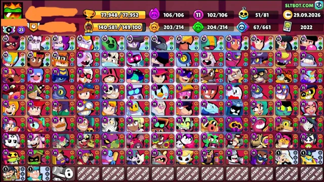 70k gems worth of skins💎, 102 brawlers upgraded to 11 power with gadget and star power⭐, many collab skins 🔥, 78000 trophies, 106 brawlers, 27 primes