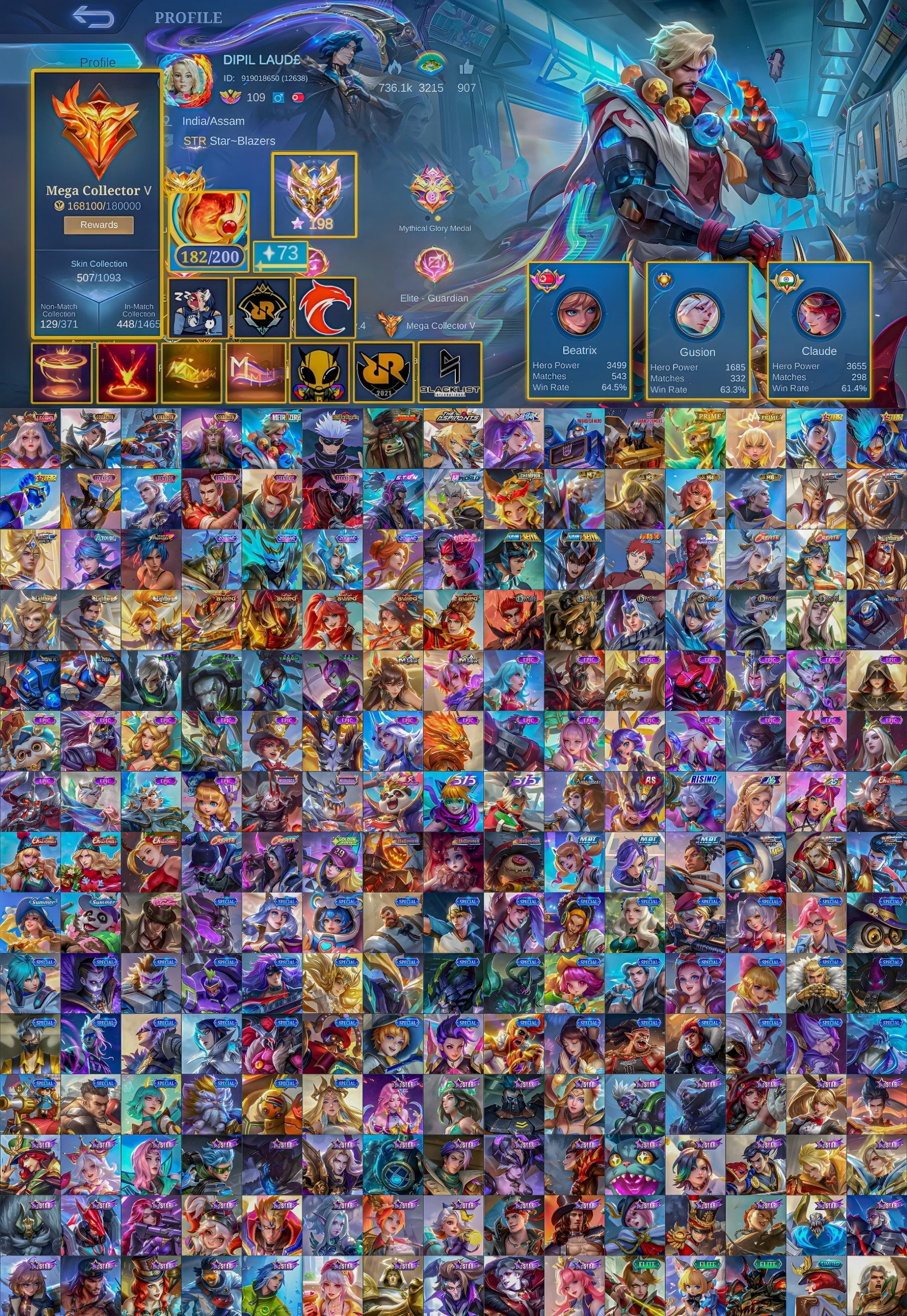 🔥 200 in max, Legendary Lunox, Collector LSS Ling Valir, Gojo Xavier, Metroziro Roger, Sale, Rank: Mythical Immortal, Level: 189, Winrate: 59%, Heroes: 132, Skins: 509
