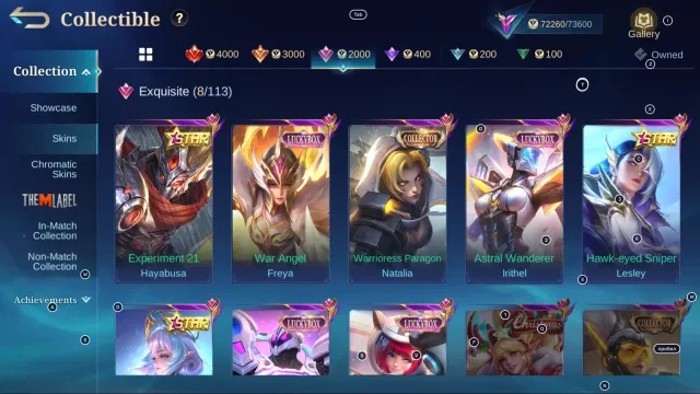 #MG270 59⭐; Leslie Candidates; Karina from KOF; Freya Lucky Box, Irithyll, Uranus, Kimmy; 2 stars, Sale, Rank: Epic, Level: 62, Win rate: 58%, Heroes: 112, Skins: 247